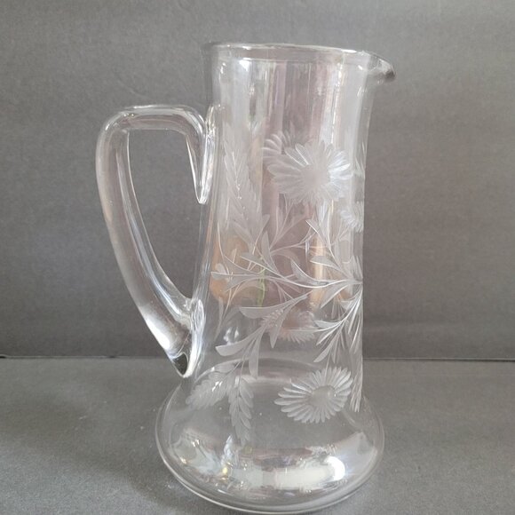 Vintage Clear Etched Glass Pitcher With Floral Design & Handle 9" - Picture 1 of 16